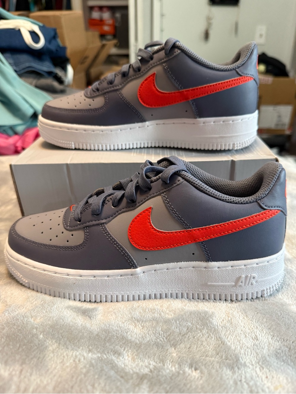 Nike Kids Air Force One Gray Sneakers with Red Swoosh